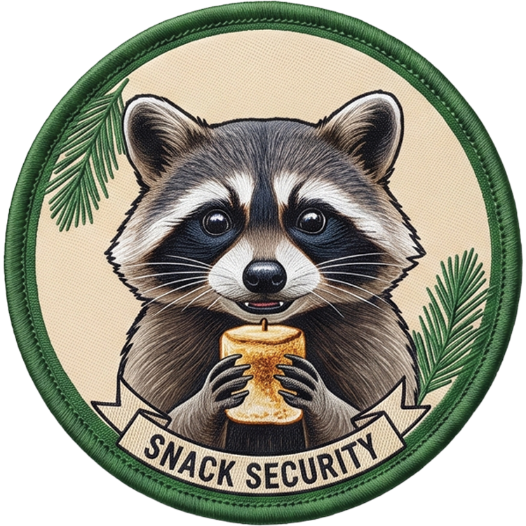 Snack Security — UV printed Signature velcro patch, raccoon holding a snack, Snack Security banner