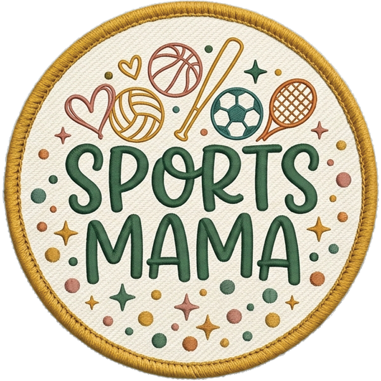 Sports Mama velcro patch with volleyball basketball soccer and tennis icons on cream badge