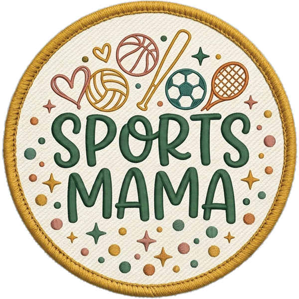 Sports Mama hook and loop patch with volleyball basketball soccer and tennis icons on cream badge