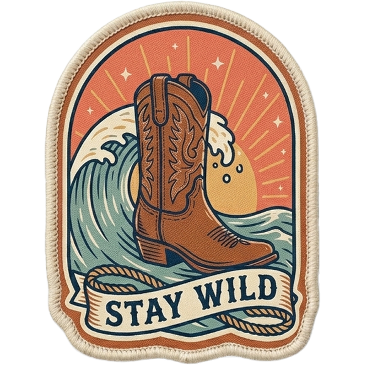 Stay Wild — UV printed Signature velcro patch, cowboy boot in a wave with banner