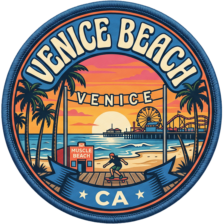 Venice Beach hat patch: round patch with a skater on the boardwalk, palm trees, the Venice archway sign, and a distant pier ferris wheel and roller coaster against a pink and orange sunset