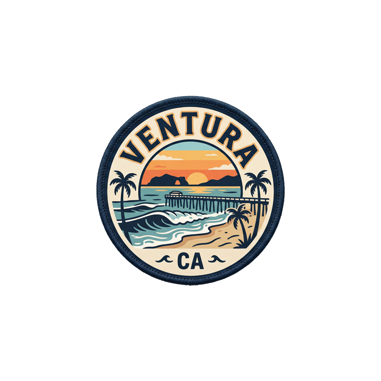 Ventura Nurse badge reel patch: round navy-bordered Ventura, CA seal with the pier, palm trees, a breaking wave, and a sunset over the ocean