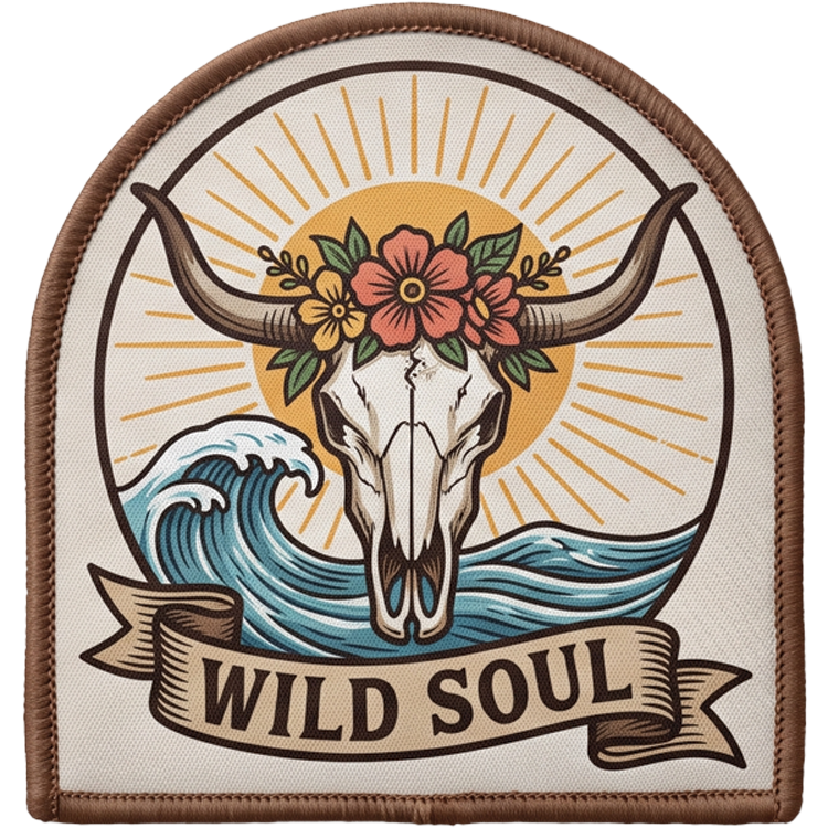 Wild Soul — UV printed Signature velcro patch, floral cow skull over a wave